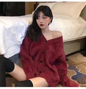 Bună Fată de Primăvară de Toamnă Deschide Cusatura Femei Vrac V gâtului Mijlocul Cardigan Lung Chic coreean Mari Pulover Negru, Vin Roșu de sex Feminin