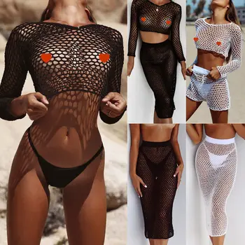 2018 Noua Grilă Bikini Acoperi Maneca Lunga Plaja Tricou Și Sexy Pe Plajă Fusta Gol Afară De Costum De Baie Femei Beachwear