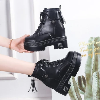 2020 de Iarnă Femeii de Moda Cizme Glezna Cizme Platforma Doamnelor Ulzzang Piele 10 cm Tocuri Pană Pantofi Femei Cizme Indesata Negru
