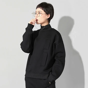 Negru Plus Size Long Sleeve T Shirt Pentru Femei Guler Buzunare Largi Casual Tee Topuri Haine Toamna Iarna Moda Streetwear 2021