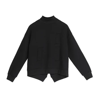 Negru Plus Size Long Sleeve T Shirt Pentru Femei Guler Buzunare Largi Casual Tee Topuri Haine Toamna Iarna Moda Streetwear 2021