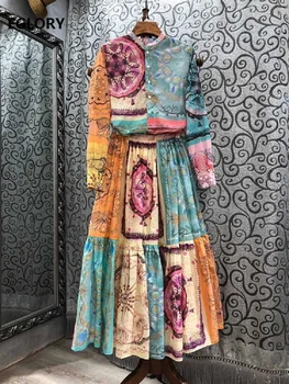 Set De Două Piese 2021 Primăvară Stil De Moda Pentru Femei Vintage Maneca Lunga Print Topuri De Bumbac Tricou+Bumbac Imprimat O Linie Fusta Lunga Seturi