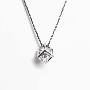 925 De Bijuterii De Argint De Trei-Dimensional Cub De Cristal Pandantiv Cutie Colier Trend Femei Simplu Clavicula Lanț