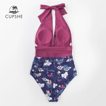 CUPSHE Floral Violet Halter-O Bucată de costume de Baie Sexy Femei V-gât Adânc fara Spate Monokini 2021 Nou Plaja Costume de Baie Costume de baie