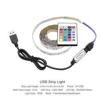 RGB LED Strip Lumina Cu Telecomanda 24keys USB 5V 1M 2M 3M 4M 5M Waterproof Flexibil Banda de Lumini Pentru TV de Fundal de Fundal