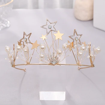 Diademe De Aur Și Coroane Perle Stele Nunta Accesorii De Par Pentru Regina Printesa Petrecere De Cristal Diadema Femei La Modă De Păr Bijuterii