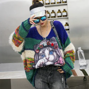 QING MO Animal Cat de Imprimare Femei Pulover 2020 Toamna Iarna V-Gât pulover Pulover Culoare Lovit cu Dungi pentru Femei Pulover Albastru QYF103A