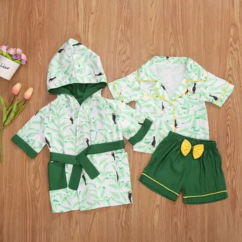 6M-5 ANI Copii Copilul Băiețel Drăguț Set Pijama Tropicale cu Frunze de Imprimare tricou Maneca Scurta+Bowknot+pantaloni Scurti+Robe Set de Pijamale