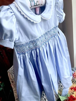 Copii rochie Albastră de vară smocked rochii lucrate manual din bumbac de mireasa de epocă îmbrăcăminte pentru copii Princess Party buticuri de haine copii
