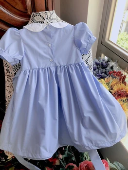 Copii rochie Albastră de vară smocked rochii lucrate manual din bumbac de mireasa de epocă îmbrăcăminte pentru copii Princess Party buticuri de haine copii