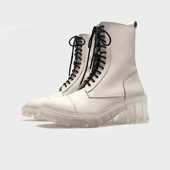 Iarna 2020 pantofi pentru femei stil de high-top alb cu siret transparent unic și siret, cu toc gros Martin femei boot