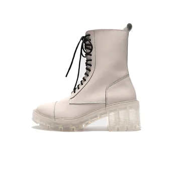 Iarna 2020 pantofi pentru femei stil de high-top alb cu siret transparent unic și siret, cu toc gros Martin femei boot