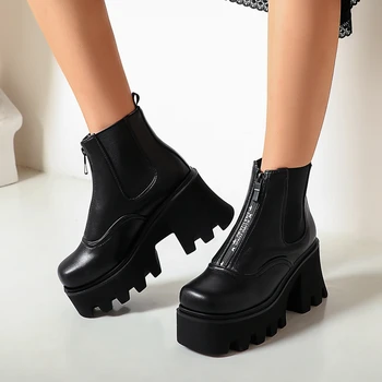RIBETRINI de sex Feminin Platformă Solidă de Pantofi de Brand de Moda Punk Toc Bloc de Iarnă Glezna Cizme pentru Femei Designer de Cizme Rotund Toe
