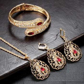 Kinel De Lux Maroc Nunta Bijuterii Set De Culoare De Aur Picătură Cercei Cuff Brățară Brățară Pandantiv Colier Arabe Tubulare Din Metal Cadou