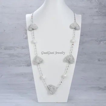 GuaiGuai Bijuterii Argint Culoare Cristal Pave In Forma De Inima Alb Perla Lanț De Lung Colier