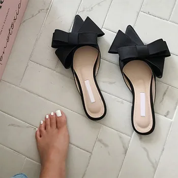 Primăvara și vara pantofi pentru femei-coreean de mătase satin arc Ascuțit 2020 lega papuci de casă Baotou toc plat seturi de semi papuci