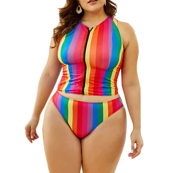 5XL Set de Bikini costume de Baie Femei fără Mâneci Fermoar Rainbow Stripe Top Funduri Femei Costum de Baie Set Doamnelor Plus Dimensiune Înot Purta