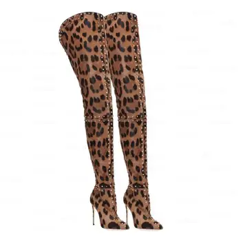 SEIIHEM Femei SEXY Picioare Cizme Înalte Leopard Împânzit Zip Spate Stilet Tocuri Coapsei Cizme Pantofi Femeie de Mari Dimensiuni 34 43 44 47