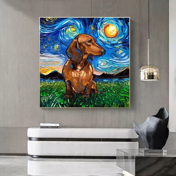 Animal Print Noapte Înstelată Câine Peisaj Panza Pictura Postere și de Imprimare Arta de Perete pentru Camera de zi Decor Acasă (Fara Rama)
