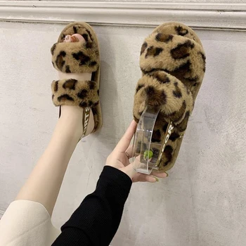 Leopard Imprimate Papuci Femei Iarna Blana De Pluș Tobogane De Sex Feminin În Aer Liber Plat Femeie Pantofi Platforma Încălțăminte De Femeie
