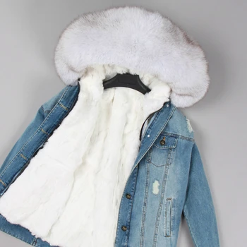 OFTBUY 2020 Jacheta de Iarna pentru Femei Haină de Blană Adevărată Hanorac Real raton guler de Iepure Rex linie cu dungi bomber geaca din Denim Streetwear