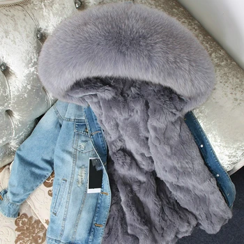 OFTBUY 2020 Jacheta de Iarna pentru Femei Haină de Blană Adevărată Hanorac Real raton guler de Iepure Rex linie cu dungi bomber geaca din Denim Streetwear