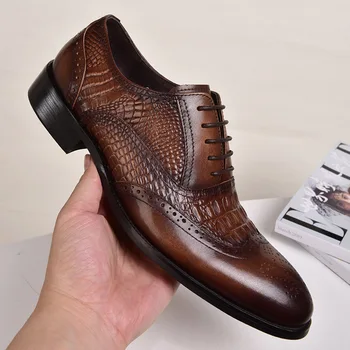 Crocodil din Piele Barbati Pantofi Brogue a Subliniat Toe Formale Pantofi de Lux, Elegant, Masculin Pantofi Rochie pentru Petrecerea de Nunta Plus Dimensiune
