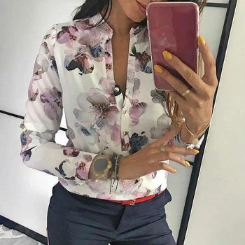 Femei Topuri Bluze 2020 Toamna Elegant cu Maneca Lunga Print V-Neck Șifon Bluza de sex Feminin locul de Muncă Poarte Tricouri Plus Size 2XL Rever Blusa