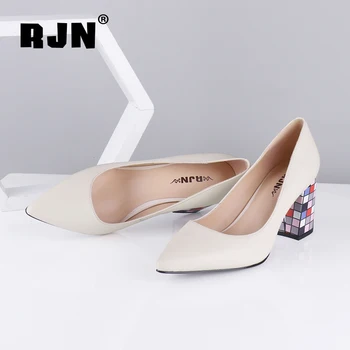 RJN Sexy Degetul Ascutit Superficial Pompe de Moda Pătrat Confortabil Tocuri de Înaltă Calitate Moale piele de Oaie Slip-On Pantofi Doamnelor Pompe R39
