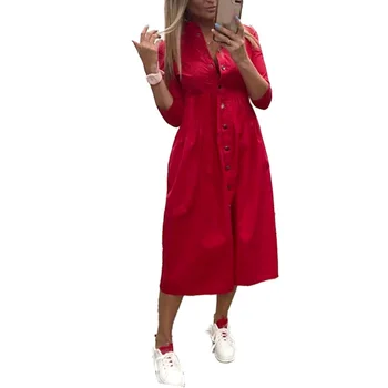 Fierbinte îmbrăcăminte rochie de Culoare Solidă de Moda V-gat Buton Jumătate Maneca Femei Casual Cămașă Lungă Rochie