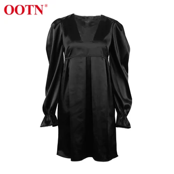 OOTN Elegant V Gât Rochie din Satin Lantern Maneca Talie Mare Casual Negru Rochii Femei 2020 Toamna O Linie de Rochie Mini Moda