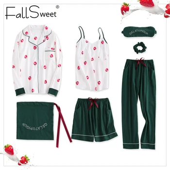 FallSweet Pijamale de Bumbac pentru Femei 7 Piese Set de Pijamale Drăguț Imprimate Casual Homewear fără Mâneci Somn Top Pijama Lenjerie
