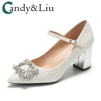 Pantofi de nunta pentru femei tocuri groase 2019 Noi Nunta de Iarna cravată, pantofi de mireasa paiete alb cristal pantofii cu rochia de mireasa