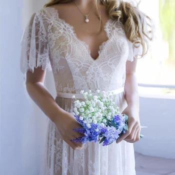 Vestido de casamento Șampanie Informale Rochie de Mireasa 2019 V Gât Dantelă Rochii de Mireasa Romantice Vestido de noiva rochie de Mireasa