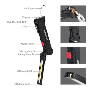 COB LED Activitatea de Inspecție Lumină 5 moduri USB Reîncărcabilă Lanterna Magnetica CÂRLIG Agățat lampa lanterna Construit în Baterie