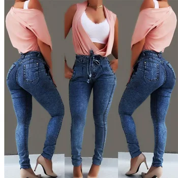 Blugi Talie mare Pentru Femei Slim Denim Stretch Jean Bodycon Ciucure Centura Bandaj Skinny cu Push Up Jeans Femei blugi femei pantaloni