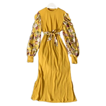 Kimutomo Elegant Tricotate Rochie Femei O-gât Mozaic Indie Folk Floral Maneca Lunga Talie Mare Split Glezna-lungime Vestidos