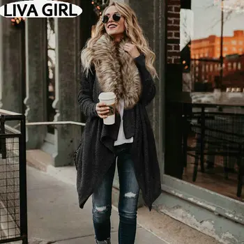 Femei toamna și iarna noi cardigan lung de design de pulover femei design cu mâneci lungi guler de blană