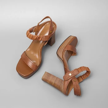 ISNOM Lemn Sandale cu Toc Femei Vara Sandale cu Platforma din piele de Oaie Pantofi de Partid de sex Feminin Retro Cutat Nit Pantofi Doamnelor 2019