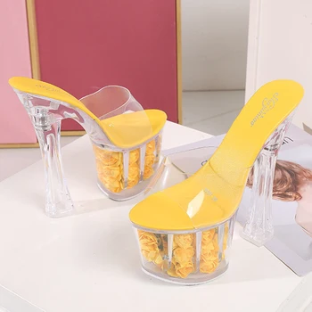 Cristal Transparent Pantofi Nunta, Pantofi Platforma Noua Femei Pantofi Cu Tocuri Foarte Inalte, Rose Floare Cozonac Sandale