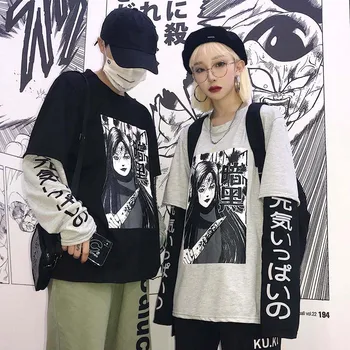 NiceMix Harajuku Tricou Femei Mozaic Unisex Pulovere Anime-Ul Japonez De Imprimare Benzi Desenate Jumperi Fals 2 Bucati Femeie Streetwear