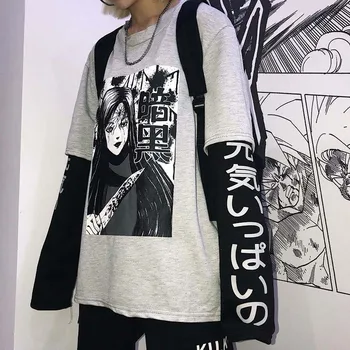 NiceMix Harajuku Tricou Femei Mozaic Unisex Pulovere Anime-Ul Japonez De Imprimare Benzi Desenate Jumperi Fals 2 Bucati Femeie Streetwear