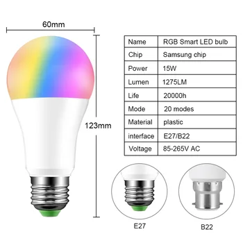 RGB Bluetooth Inteligent Bec LED E27 B22 15W Muzică APP Voice Control Inteligent de Iluminare cu Lampa mai Multe Culori LED-uri Pentru Iluminat Acasă