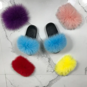 Papuci Copii Flip-Flops Pufos Glisante Copii Cu Blană Real-Fox-Blana Papuci De Vară De Moda Curcubeu-Pantofi