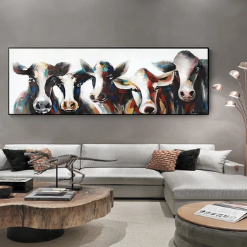 Modern Abstract pictură în ulei Originale de cinci vaci pe Panza, Postere si Printuri de Arta de Perete Pictura pentru Camera de zi Decor Acasă