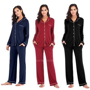 2020 Nouă Femei Body Pijama Moale Modale Topuri Cu Maneci Lungi Pantaloni Set De Pijamale Moale Respirabil Culoare Pură Pijamale