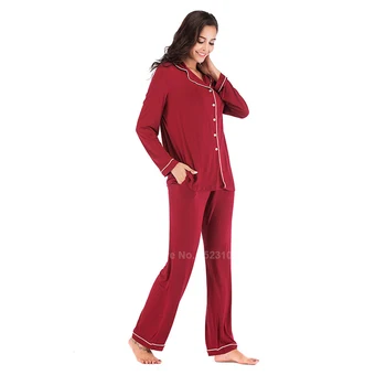 2020 Nouă Femei Body Pijama Moale Modale Topuri Cu Maneci Lungi Pantaloni Set De Pijamale Moale Respirabil Culoare Pură Pijamale