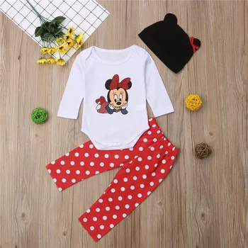 3pcs Nou-născut Băieți Fete Costume Drăguț Palarie+Mickey Model Imprimat Body+Dot Pantaloni Copilul Casual, Haine de Bumbac