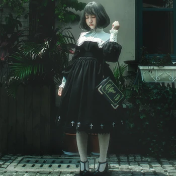 Japonez Harajuku Negru Gotic Lolita Rochie Fete Călugăriță, Sora Cosplay Anime Rochie De Petrecere