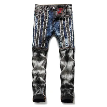 KIOVNO Bărbați Rupt Cutat Blugi Pantaloni Mozaic Denim Stretch Pantaloni Pentru bărbați Hip Hop Streetwear